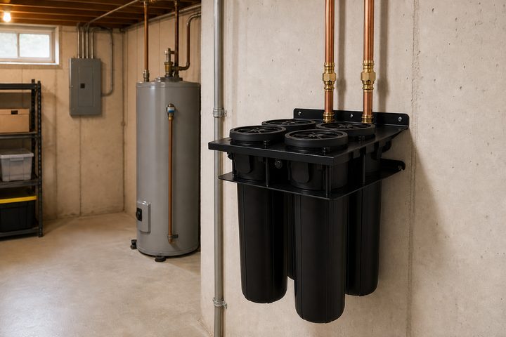 The system wall-mounted in a basement beside a water heater, connected with copper pipe