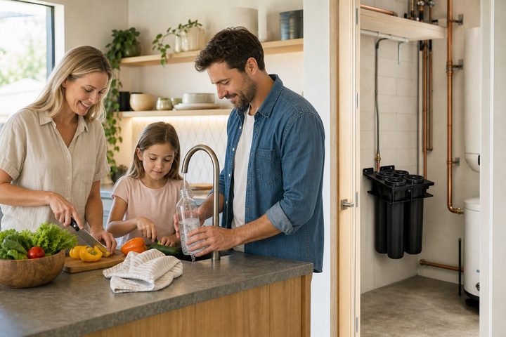 A family filling a glass at the kitchen tap, with the filtration system visible in the utility area beyond