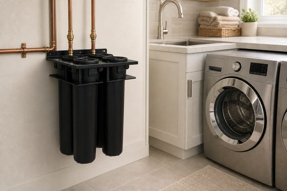 Wall-mounted in a laundry room next to the washing machine