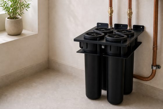 Floor-standing in a utility corner with copper pipework